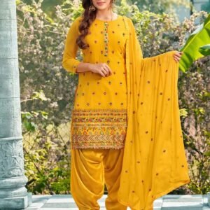 Women’s Mustard Yellow Embroidered Kurta with Patiala & Dupatta