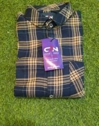 Men's Navy and Beige Plaid Flannel Shirt