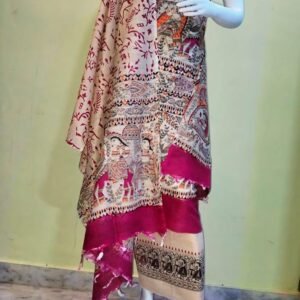 Beige Suit with Heavy Pink Floral Dupatta