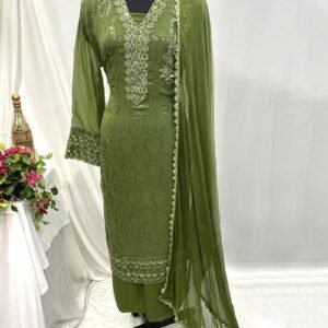 Dark Olive Georgette Salwar Kameez with Heavy Embroidery