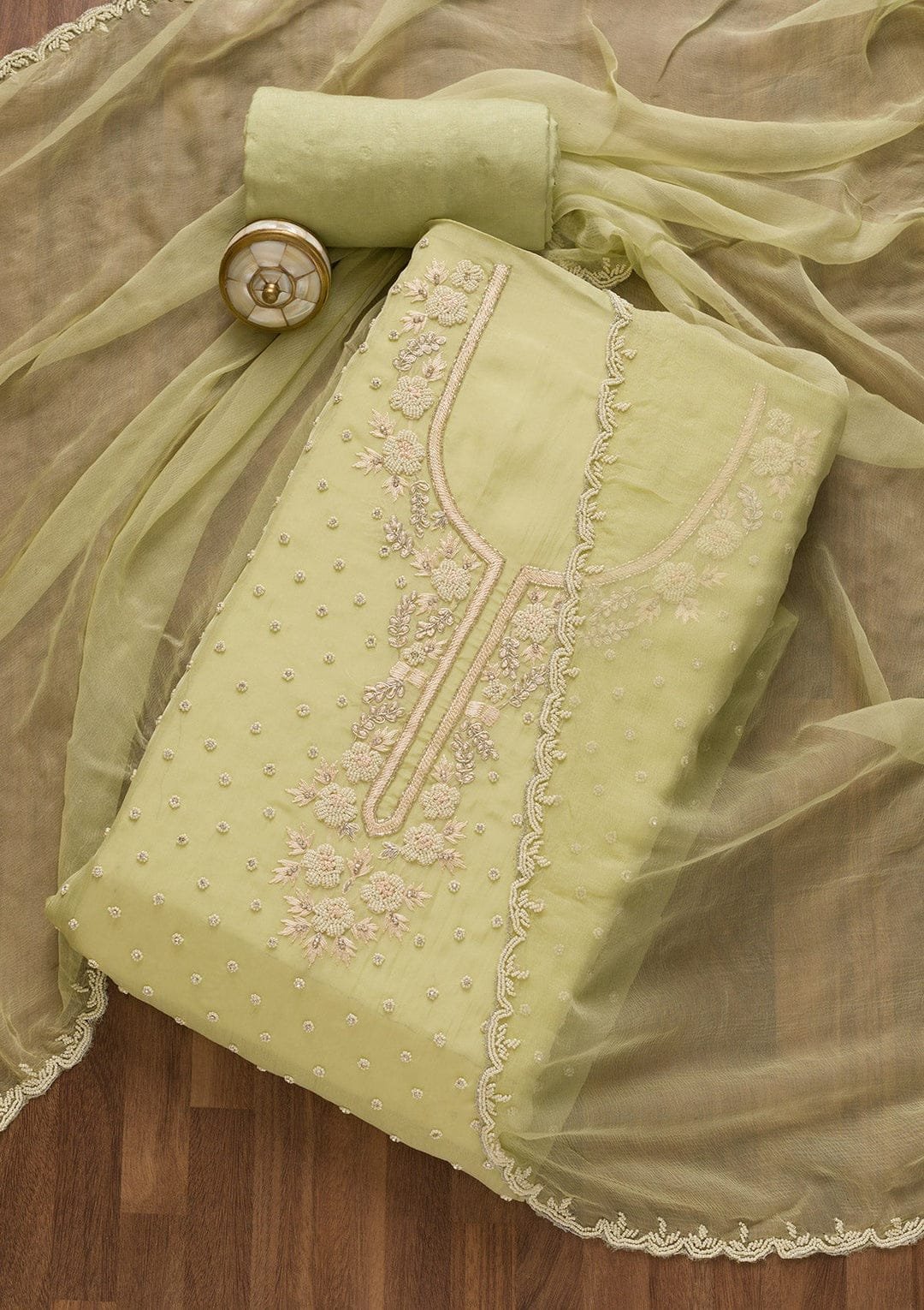 Pale Yellow Semi-Stitched Suit with Small Motif Embroidery