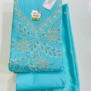 Sky Blue Cotton Dress Material with Neck Embroidery